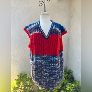 Vintage preppy hand knit oversized sweater vest cable red blue size large